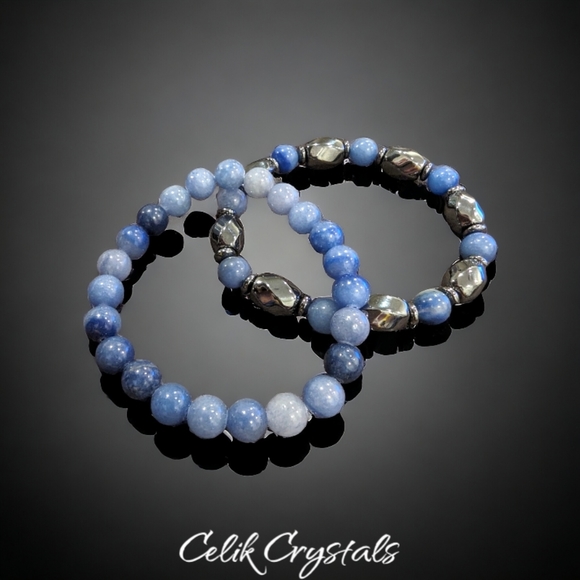 Blue Aventurine & Hematite Men's Bracelet Stack 8mm Natural Stones - Picture 2 of 4